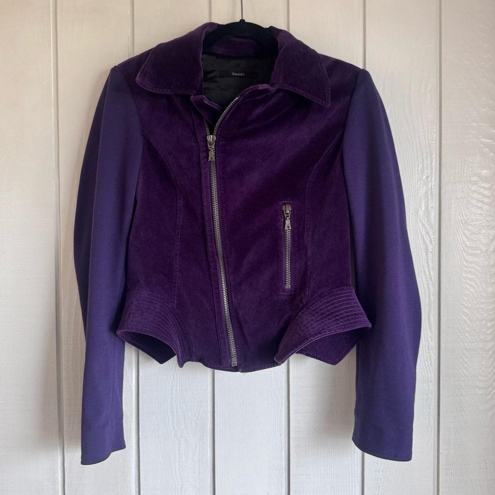 Tahari Purple Velvet Zip Up Jacket